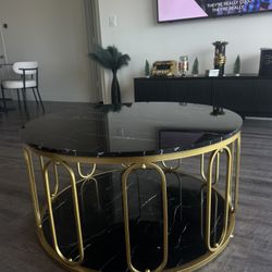 Black Marble And Gold Brass Coffee Table 