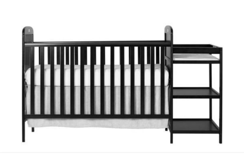 Dream On Me Anna 4-in-1 Full Size Crib and Changing Table Combo Black with Crib Mattress and Changing Pad