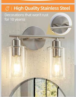 Bathroom Light Fixtures, 2-Light Brushed Nickel Vanity Lights, Modern Bathroom Lighting Fixtures Over Mirror with Clear Glass Shade, Wall Sconce Light