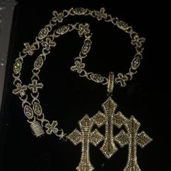 18 k Gold Plated Triple Cross Pendant & 14 mm cross/eye Chain 
