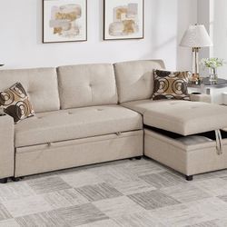 Brand New 84" x 60" Biege Or Gray Linen Convertible Sectional With Storage Chaise And Cup Hoders