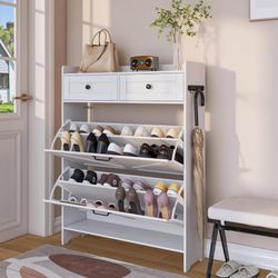 Farmhouse Shoe Cabinet with Flip Drawers & Adjustable Shelf, Holds Up to 20 Pairs,White