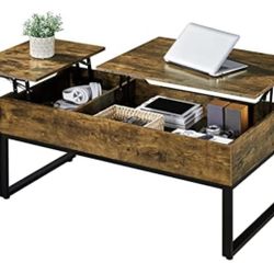 47 Inch 2 Way Lift Top Coffee Table with Hidden Storage Compartments, Retro Central Table with Two-Way Lift Tabletop, for Living Room, Metal Frame, Ru