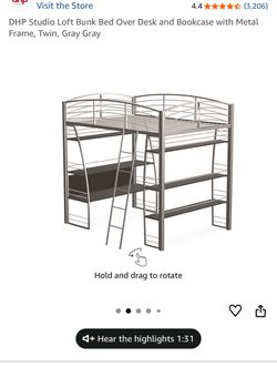 Studio Loft Bunk Bed Over Desk and Bookcase with Metal Frame, Twin, Gray