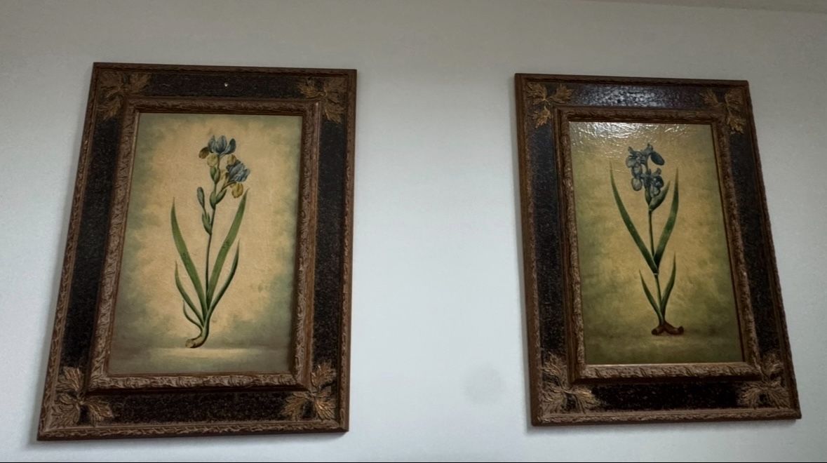 TWO matching Framed Botanical-Style Flower Painting - OBO