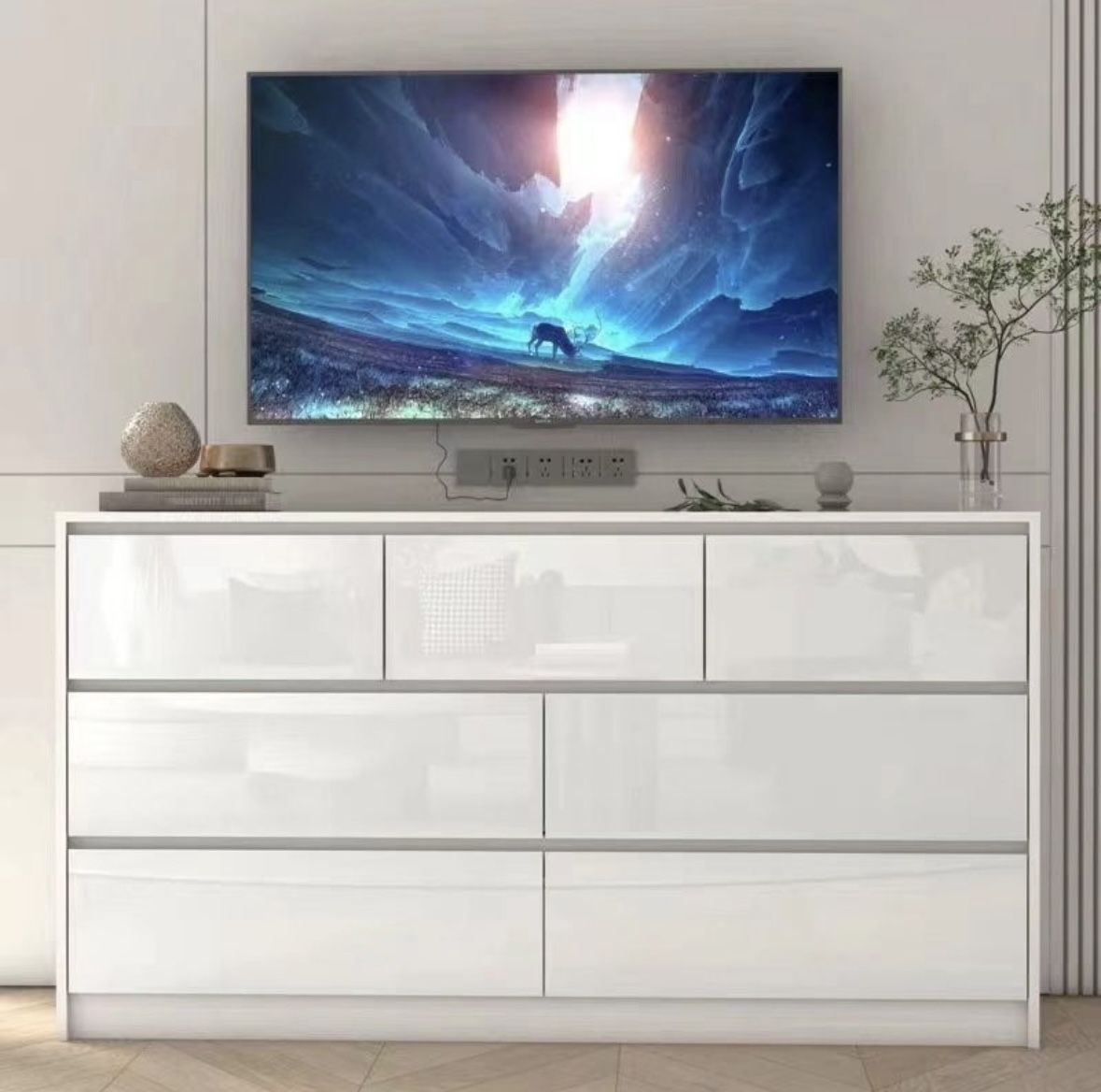 White Malm 55 Inch Long storage High Gloss with Drawers, Modern