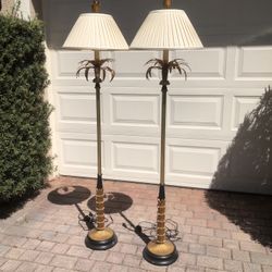 Vintage Hollywood Regency Brass Palm Gold / Black Floor Lamp PAIR