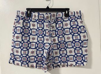 Liz Claiborne Women Large White Blue Linen Tile Print Pull Tie Shorts