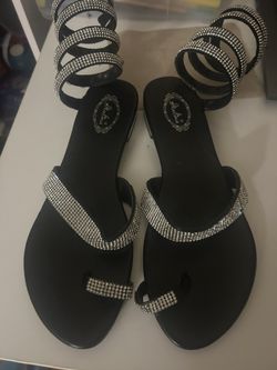 Slatina Black Rhinestone Spiral Wrap Sandals - Size 7.5