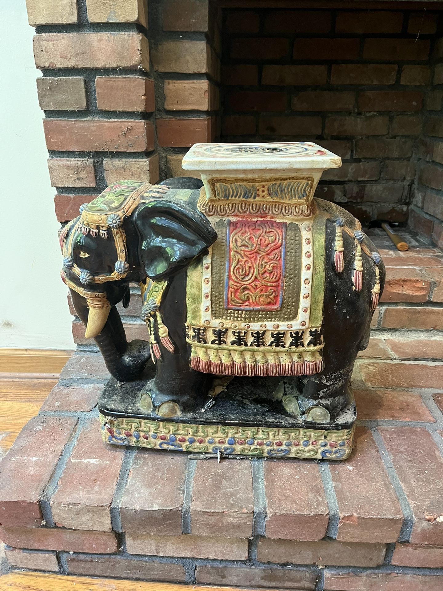 Vintage Concrete Elephant Porcelain Heavy Bench Seat 19 in Plant Stand Garden Stool Yard Art Ethnic Decor Jungle Tribal Decor