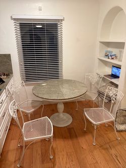 Round Granite Top Table with 4 Iron Chairs
