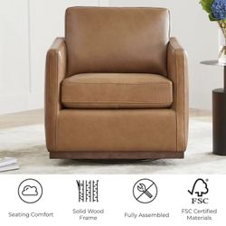 CHITA Genuine Leather Swivel Accent Chair, FSC Certified Mid Century Modern Arm Chair for Living Room and Bedroom, Fully Assembled, Saddle