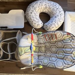 New Born Essentials - Diaper Caddy, Angel Care baby Bath Support, Fisher Price baby Bouncer, Weight Machine, Boppy Nursing Pillow,  changing Pad.