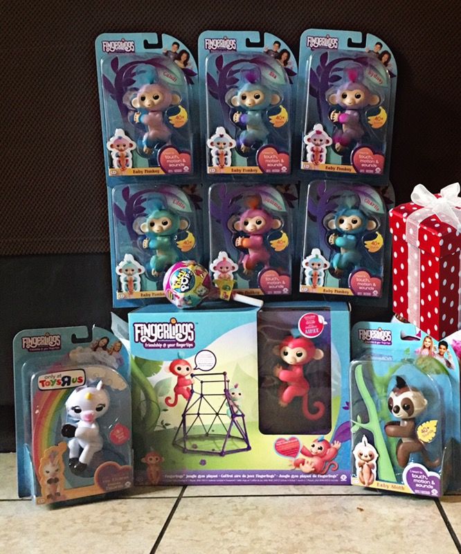 All 6 Ombre/2toned Fingerlings Ava, Summer,Sydney, Gandi,Eddie & Charlie. Unicorn Gigi , Sloth Kingsley, Aimee Jungle Gym, Small PIKMI pop,