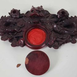 Vintage Chinese Dragon Cinnabar desk set pen & inkwell holder.