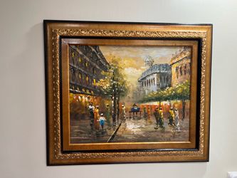 Stunning Oil Painting European street scene with elegantly dressed figures with gold wood frame