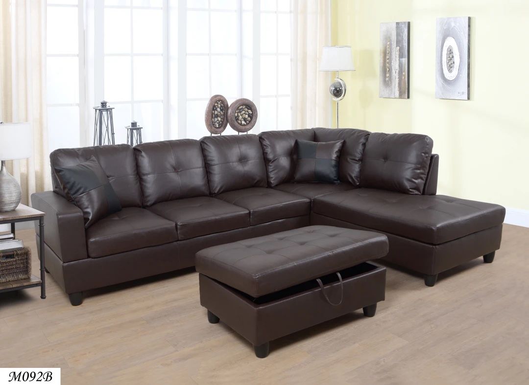 3 PC Sectional Sofa Set, (Brown) Faux Leather + Free Storage Ottoman