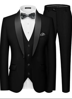 MAGE MALE Men's Slim Fit 3 Piece Suit One Button Solid Shawl Lapel Blazer Jacket Vest Pants Set with Tie Pocket Square Size Extra Small