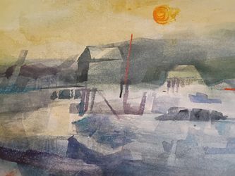 Large Original Watercolor — Moody Harbor Scene — 30×22" — Ready to Frame