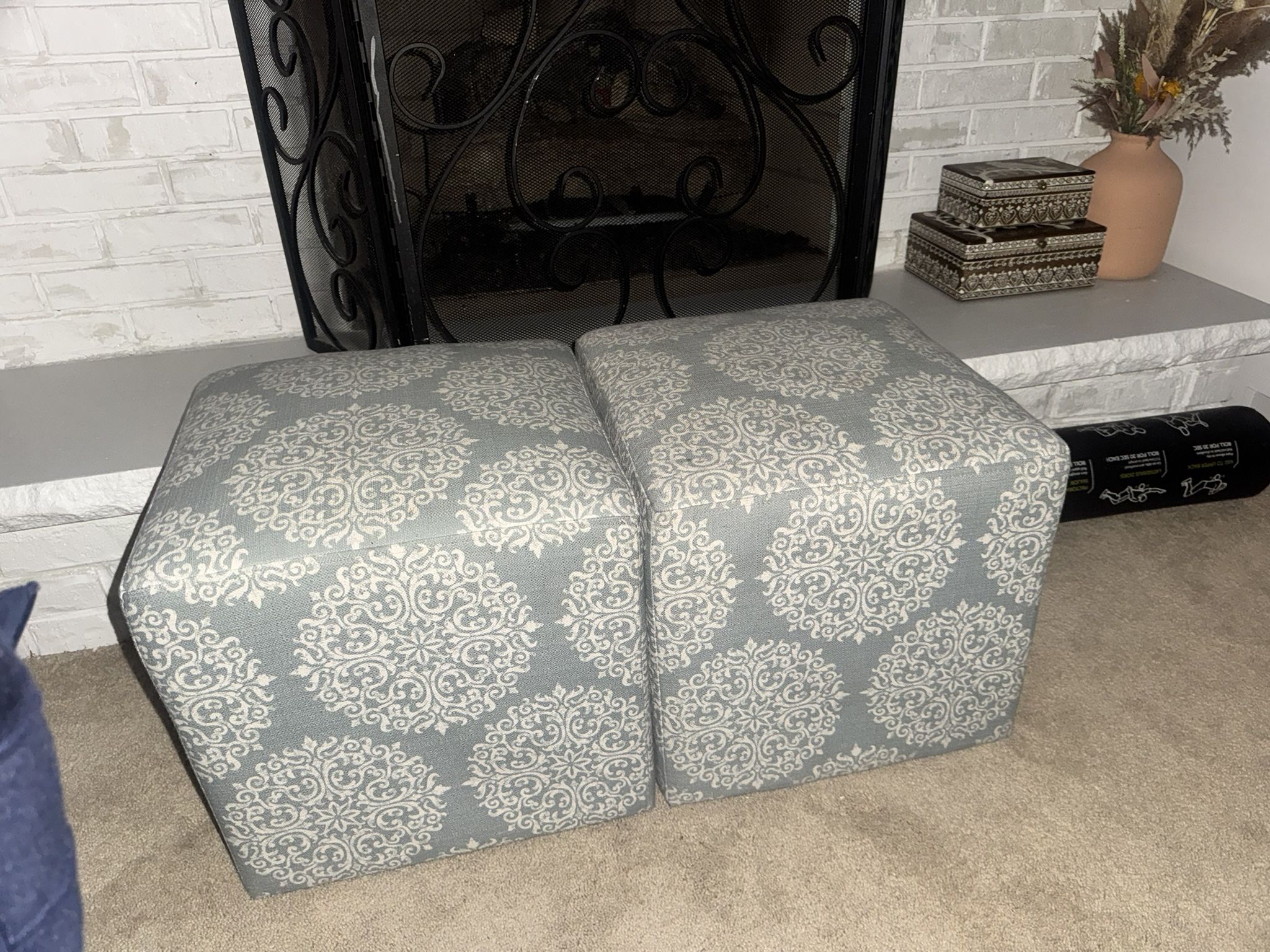 Teal And White Ottomans 