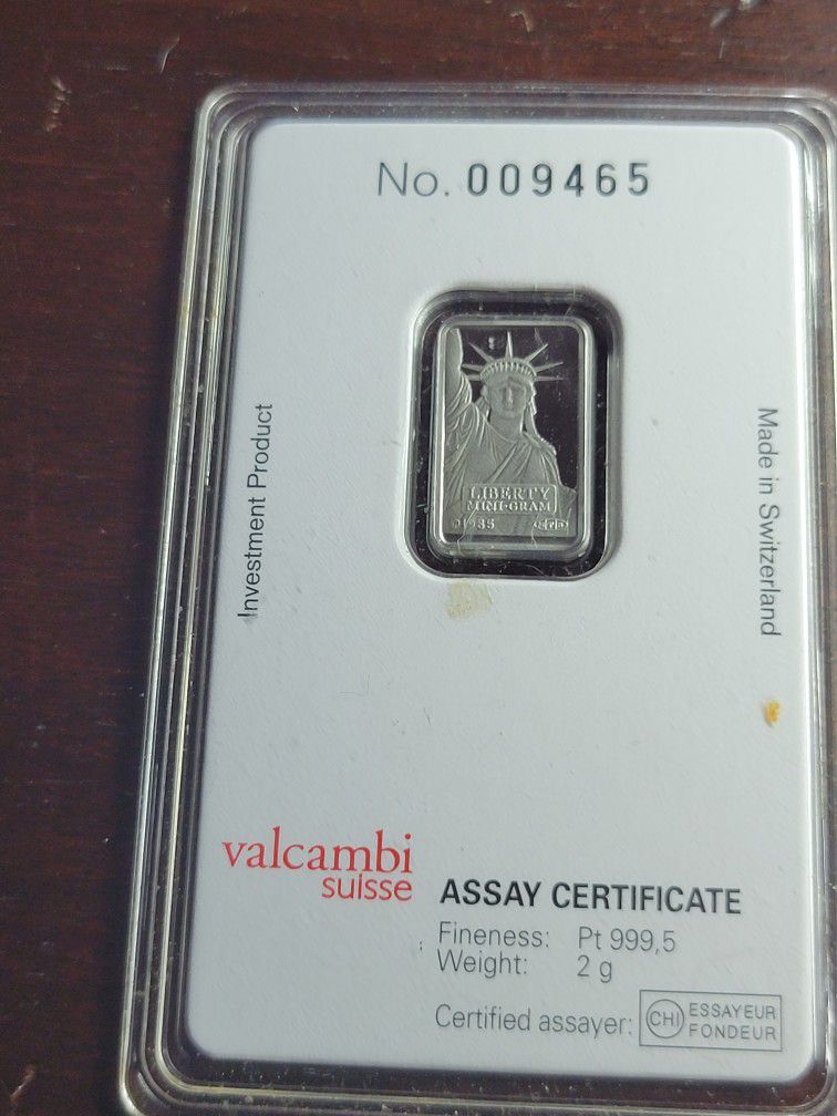 2 Gram Statue of Liberty Platinum Bar Assay Certified Card Valcambi Suisse