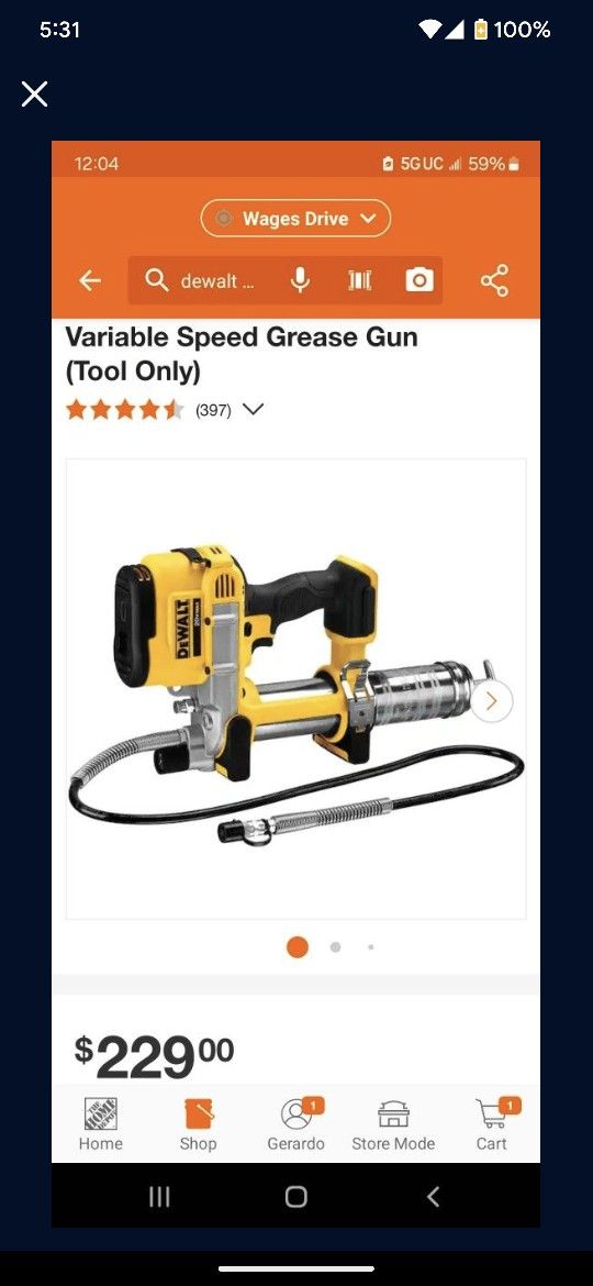 Dewalt 20V MAX Cordless 10,000 PSI Variable Speed Grease Gun (Tool Only)