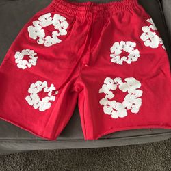 Red Denim Tear Shorts All Authentic