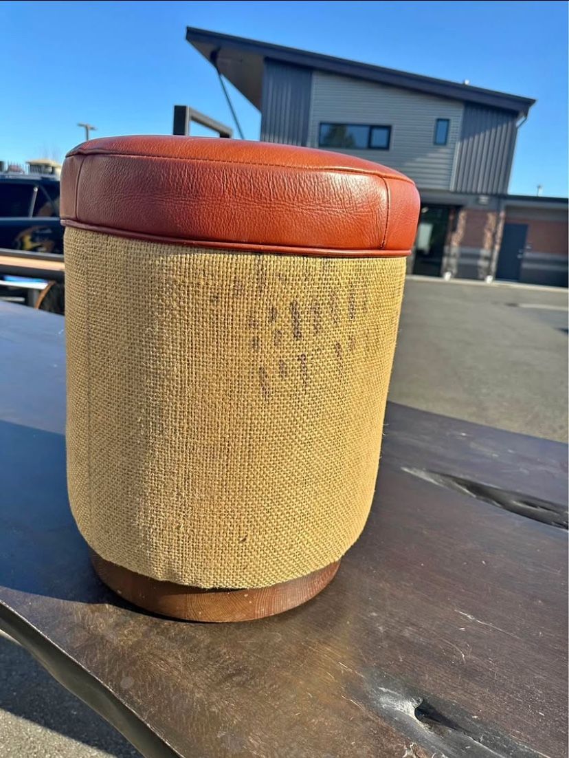 Burlap Coffee Sack w/ Leather Top Mitchell Gold & Bob Williams Ottoman- Wood Bottom