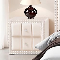 $190 Ivory Velvet Nightstand Nailhead Trim Crystal Knobs