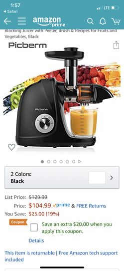 Juicer Machines, Picberm Slow Masticating Juicer Extractor with Quiet Motor Easy to Clean, BPA-Free Cold Press Anti-Blocking Juicer with Peeler, Brus