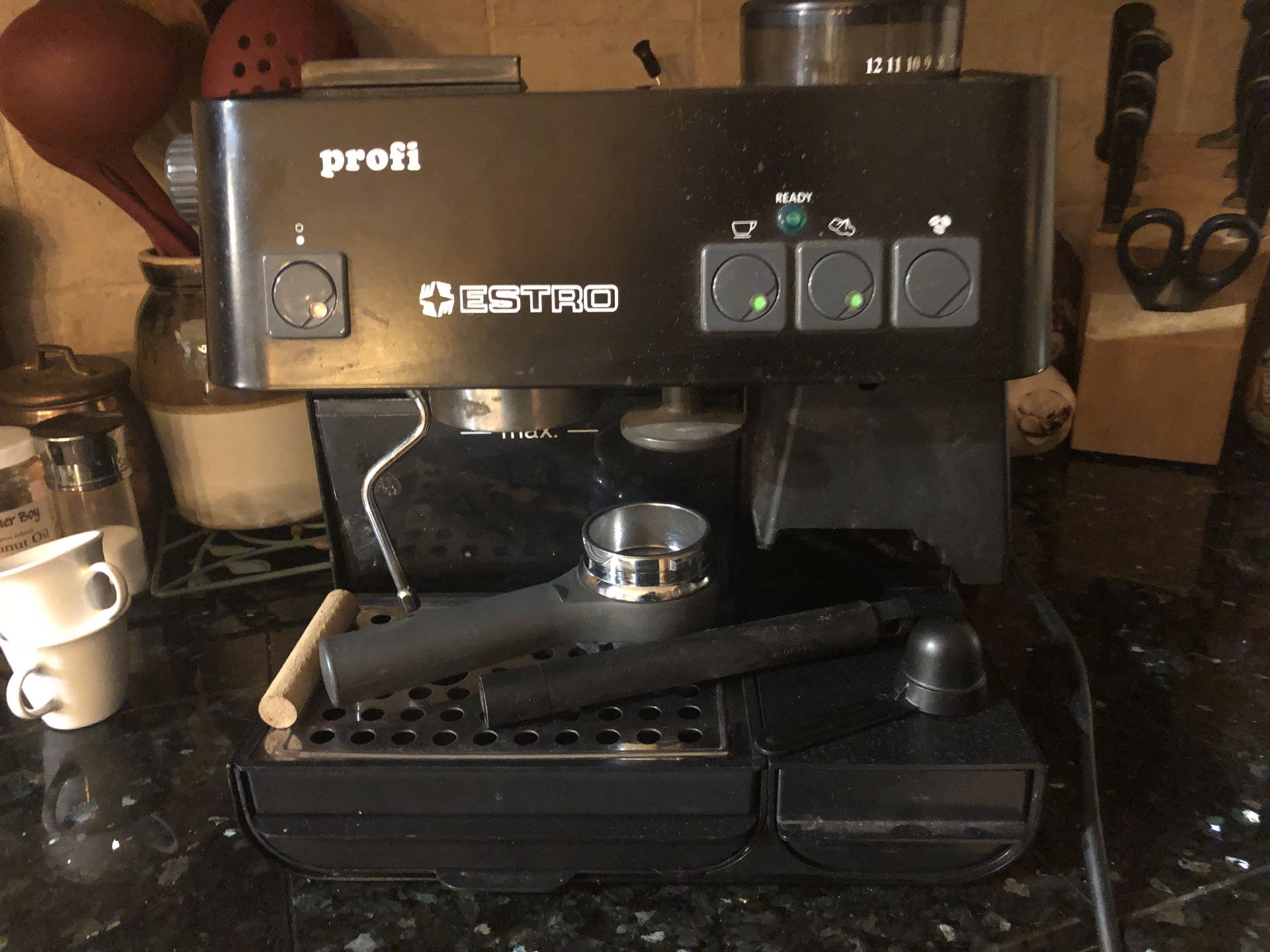 Estro Profi espresso machine burr coffee grinder and milk steamer