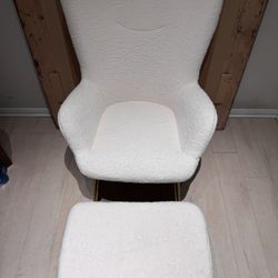 Modern White Boucle Accent Chair with Ottoman Gold Legs