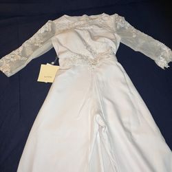 Lan Ting white wedding jumpsuit with wraparound skirt and lace detailing US 6