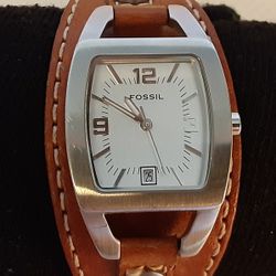 Fossil Watch Ladies JR-5187 Solid Steel Quartz Date Leather Cuff Band New Battery On 6/23