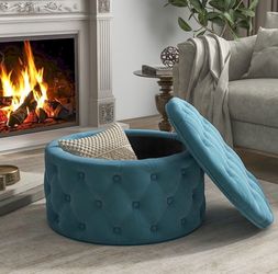 30” Teal / Blue Round Tufted Velvet  Ottoman w/ Storage  [NEW]
