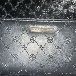 Adrienne Vittadini Black Embossed Zip-Around Wallet – Elegant AV Logo Pattern