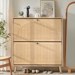 Entryway Shoe Cabinet with 2 Flip Drawers, Narrow Wooden Shoe Cabinet
