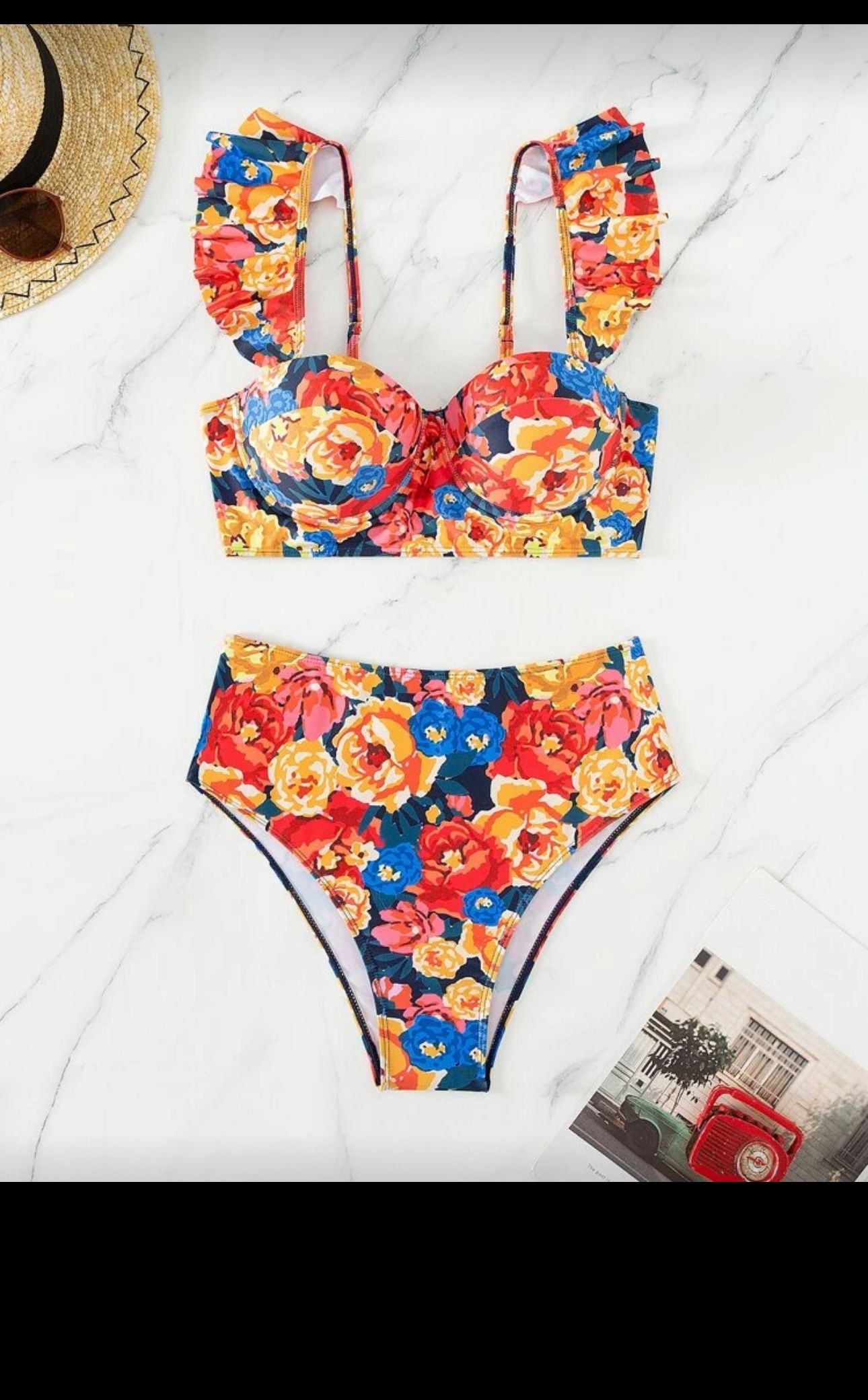 New Womens Size Large Floral Ruffle Bikini Set Swimsuit