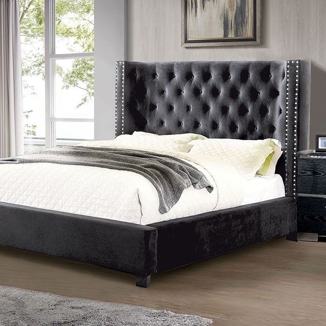 DARK GRAY FLANNELETTE TUFTED ACCENTS QUEEN / EASTERN KING SIZE BED FRAME