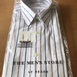 Vtg The Men’s Store At Sears White short sleeve Dress Shirt: Blue & Red Stripe - Men’s 15.5, NEW old stock