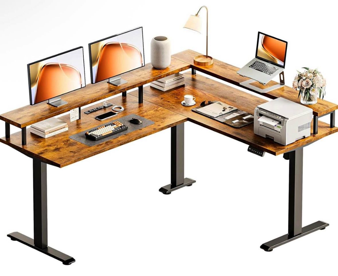 Height Adjustable 59 Inch L-Shaped Electric Standing Desk – Brown Corner Workstation