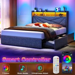 KING Size Led Bed Frame with 4 Drawers, Power Outlet, NO BOX SPRING NEEDED, Dark Grey