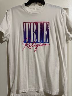 True Religion, women’s large, white with red, white, blue logo design, short sleeve shirt.