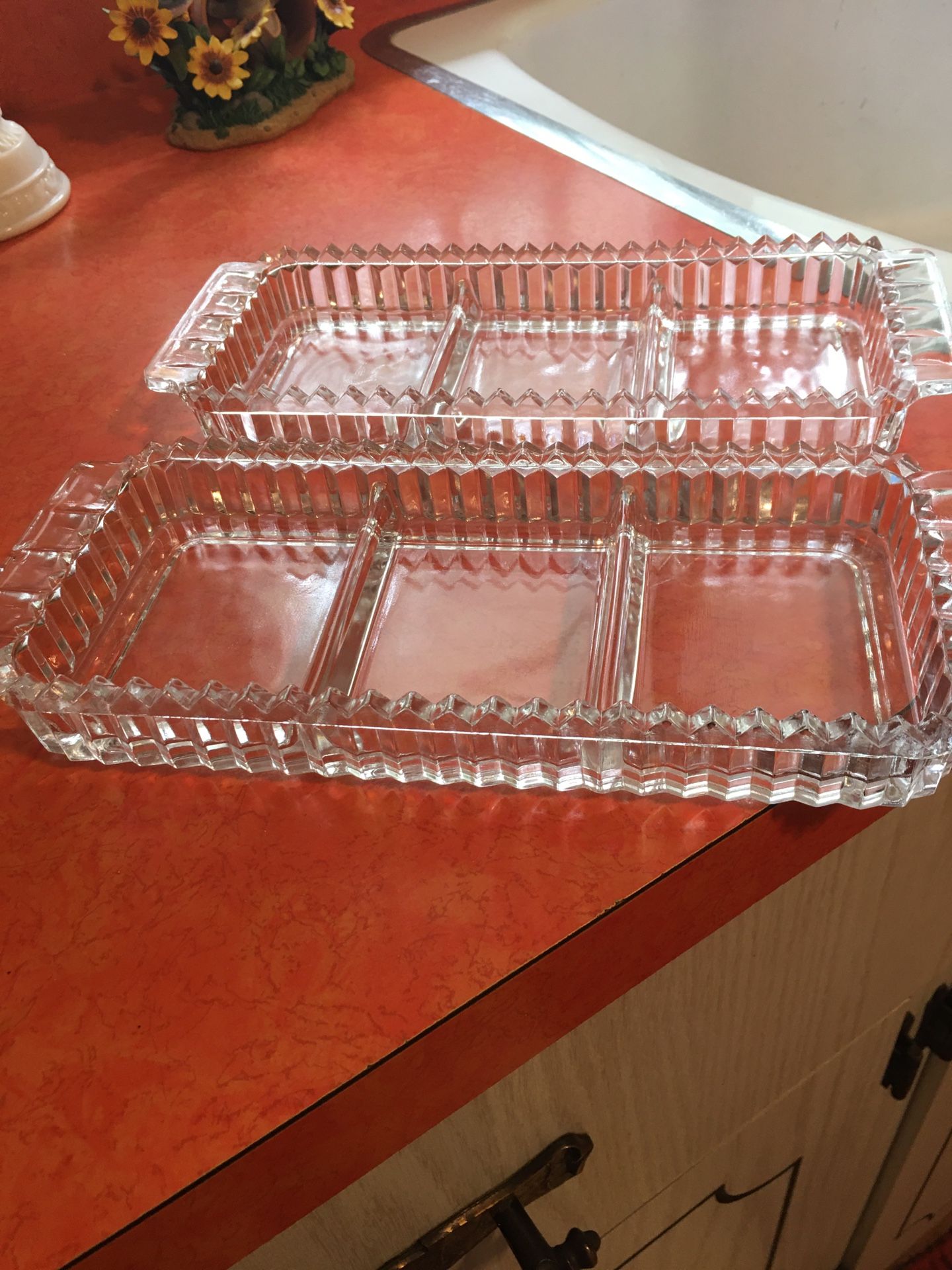 Two beautiful heavy cut relish trays , excellent condition!