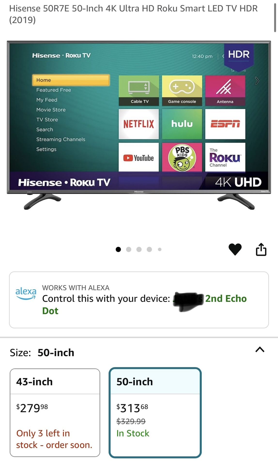 Hisense 50R7E 50-Inch 4K Ultra HD Roku Smart LED TV HDR (2019)