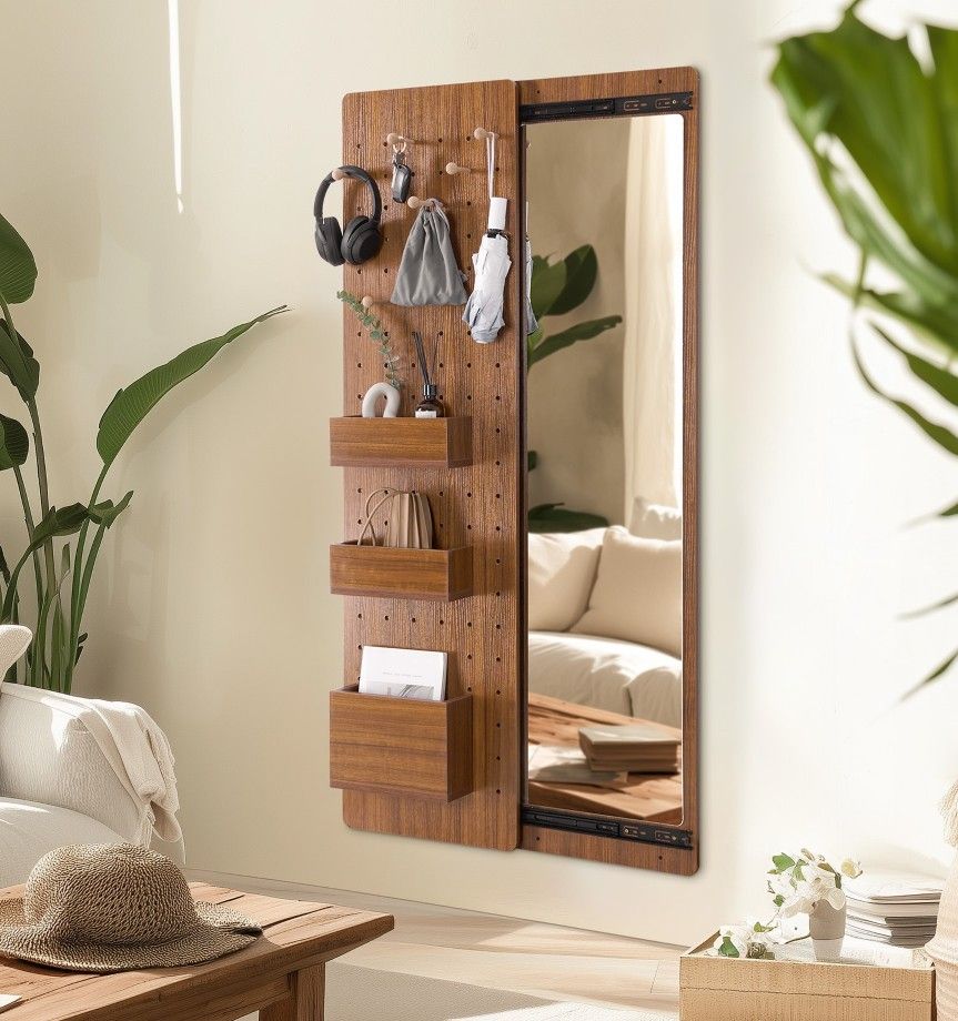 Walnut Pegboard Storage Dressing Mirror Cabinet for bedrooms, entryways, or dressing areas.