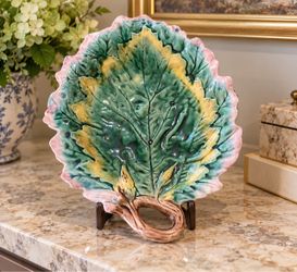 Vintage Majolica Ceramic Cabbage Leaf Serving Dish – Colorful Glazed Pottery with Decorative Handle