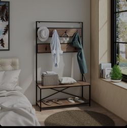Shoe rack bench with coat hangers