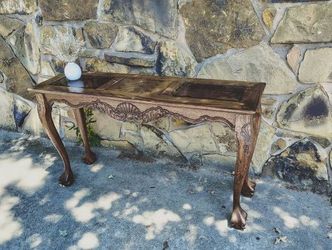 Smoke Glass Narrow Pecan Pretty Wood Grains Ball and Claw Foot Entry Table