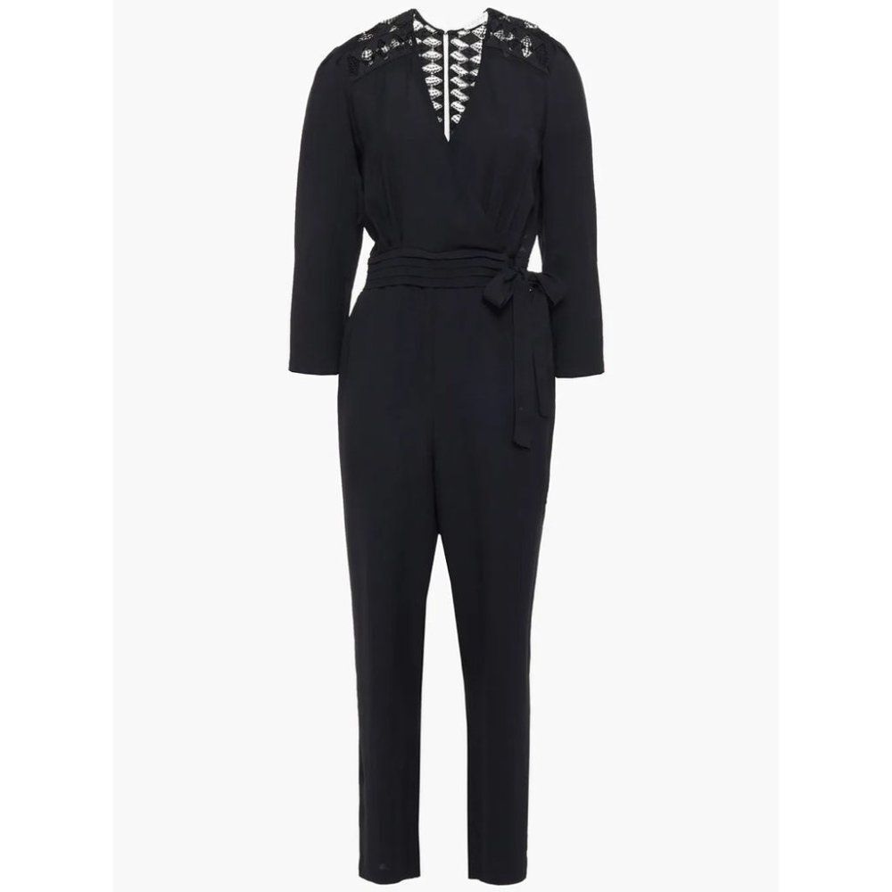 SANDRO Noya Wrap-effect Macramé Lace-paneled Crepe Jumpsuit size M